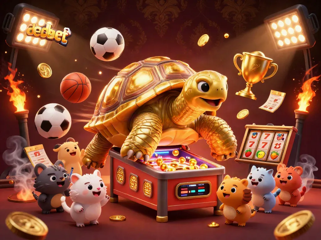 Experience vibrant debet gaming with a golden tortoise pinball machine surrounded by sports balls and rich casino elements.