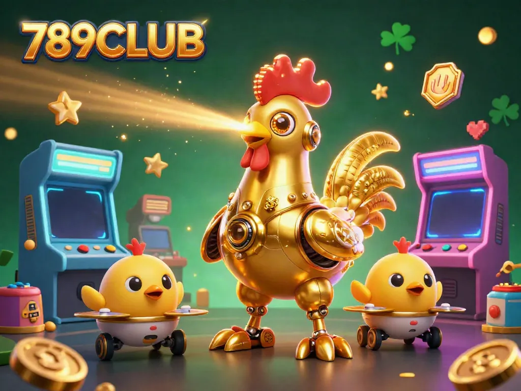 Experience excitement in 789CLUB with a golden rooster robot and lively arcade games.