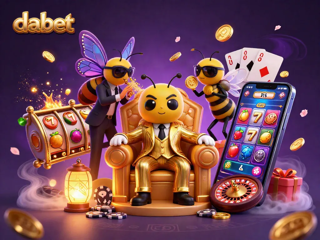 dabet's animated casino scene showcasing a bumblebee mob boss and a butterfly informant amid vibrant slot games and rich decor.