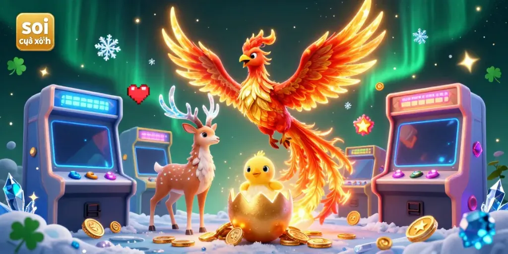 Experience the thrill of soi cầu xổ số with a vibrant phoenix and mystical stag amidst dynamic gaming elements.