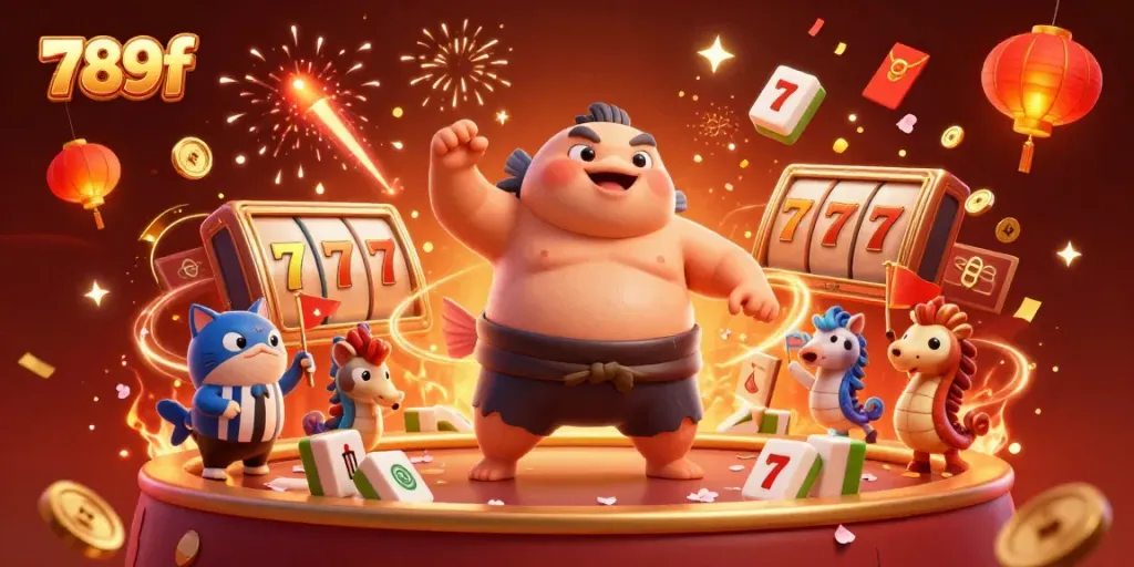 Experience the vibrant underwater scene of 789f with a puffed-up fugu, slot reels, and celebratory elements.
