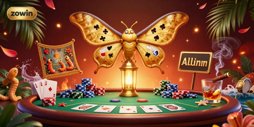 Zowin presents an engaging scene with a golden-winged moth amidst vibrant poker elements, showcasing dynamic gameplay.