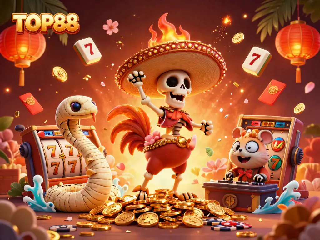 Experience the thrill of TOP88 with playful casino characters enjoying games among rich, dynamic visuals.