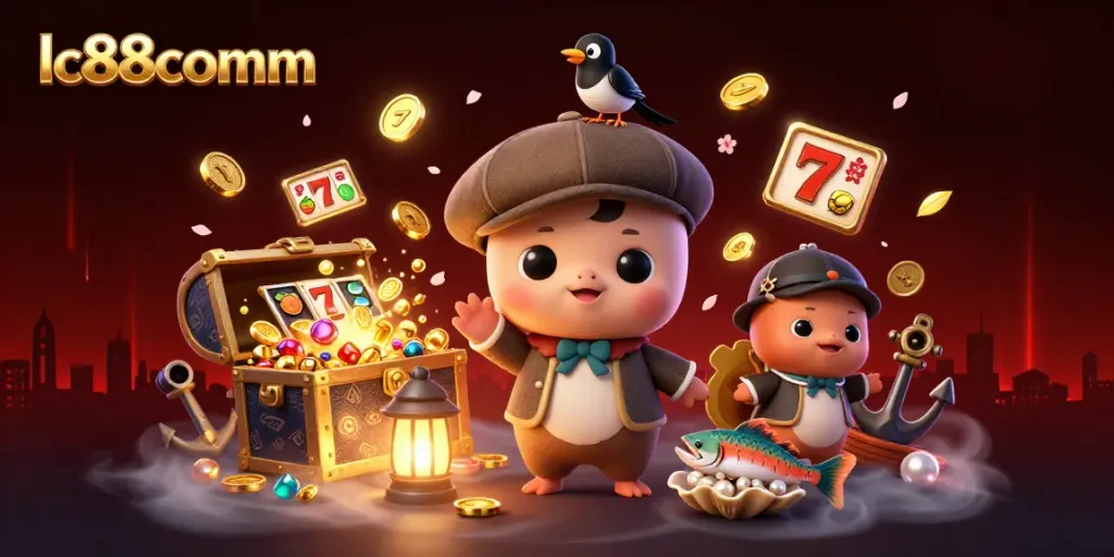 Spin and win at lc88comm with this vibrant 3D illustration of a playful Loch Ness monster and gold treasures!