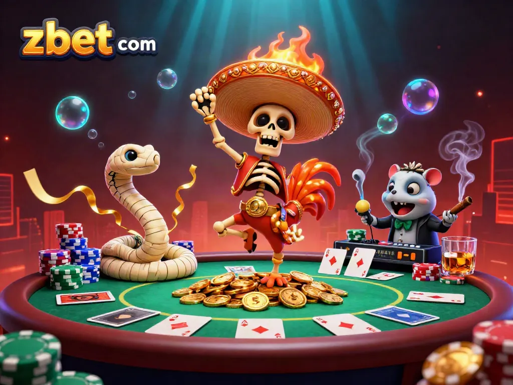 Engaging scene with animated characters celebrating big wins at zbet com casino, surrounded by vibrant poker elements.