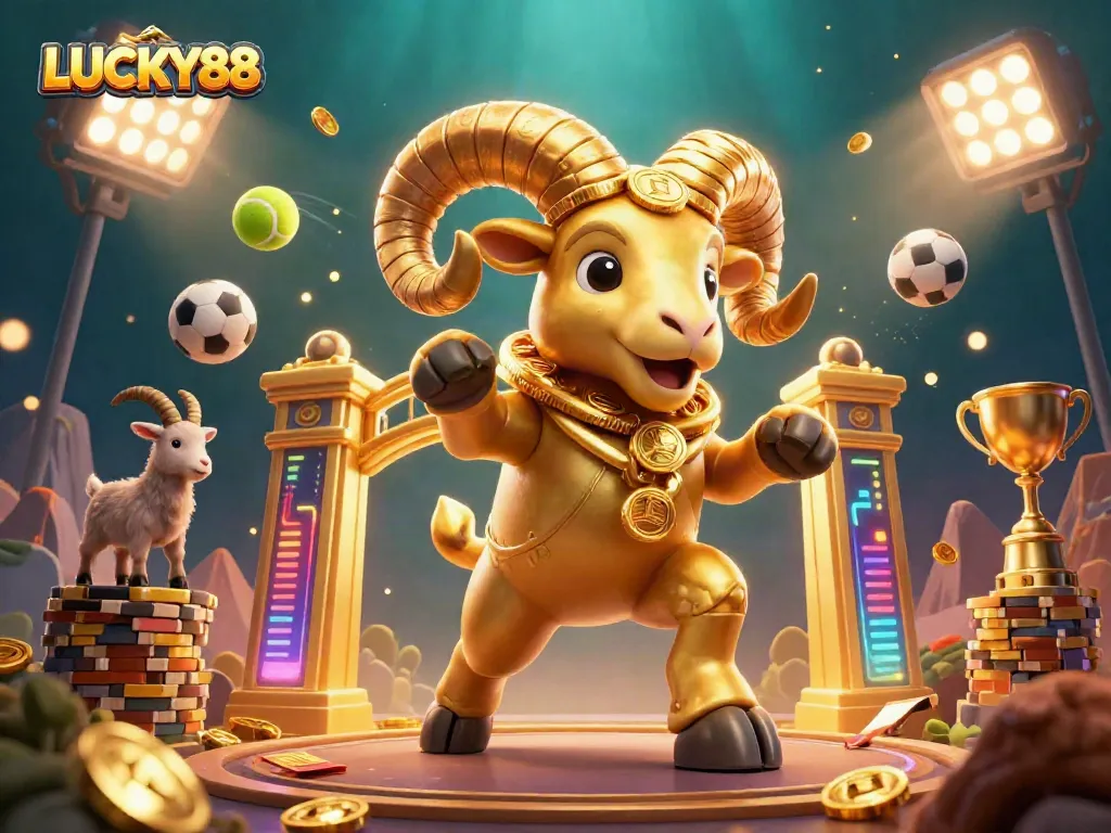 Experience thrilling gameplay with LUCKY88 at a vibrant online casino featuring golden elements and dynamic sports.