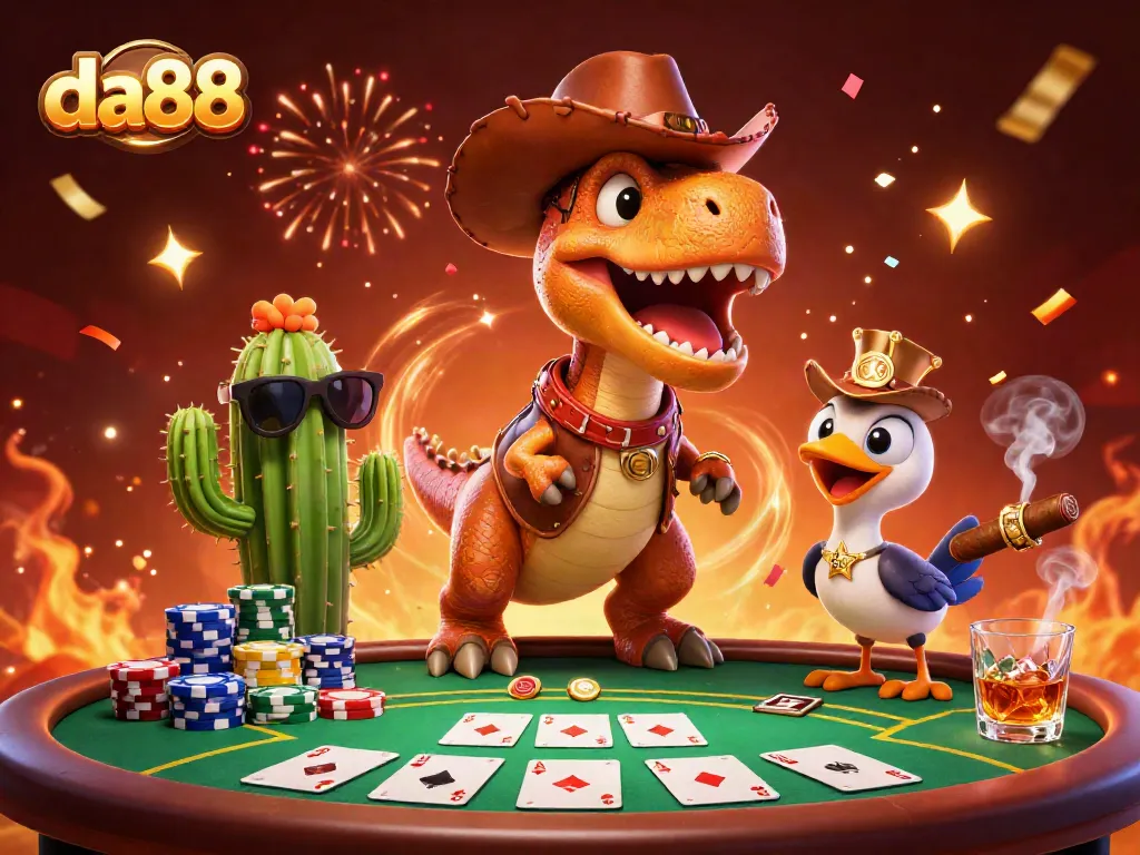 Join the action at da88 with a vibrant 3D casino scene featuring a T-Rex and friends playing poker.