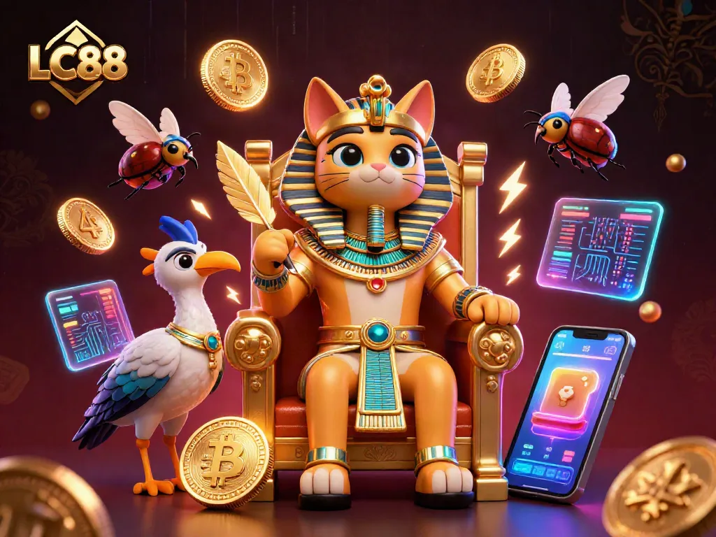 LC88 transforms gaming with vibrant 3D pharaoh cat as it engages in thrilling casino action.