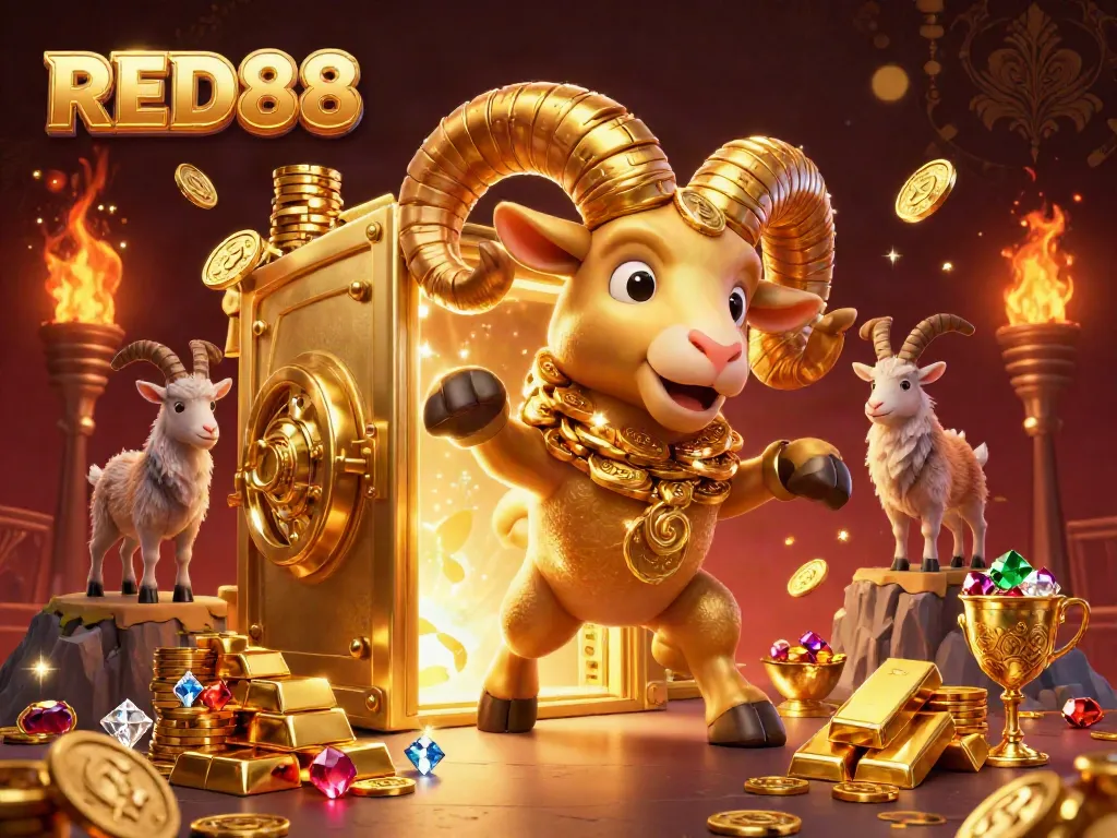 Experience thrilling wins at RED88 with a golden ram charging through a treasure-filled casino.
