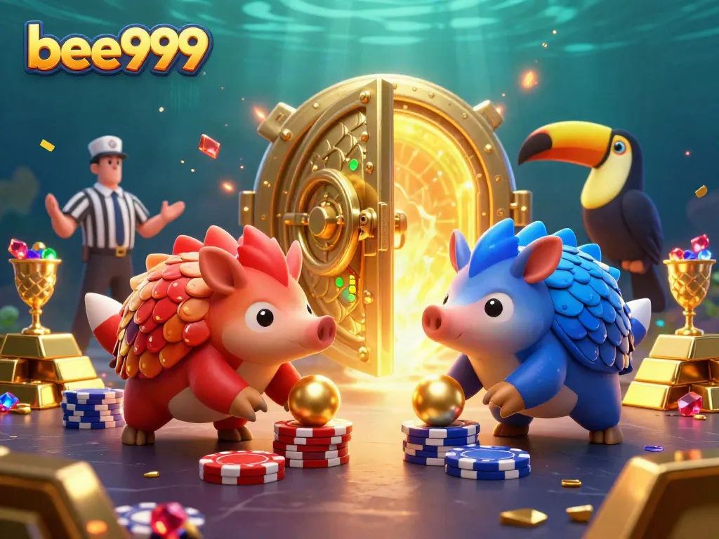 Experience thrilling gameplay with bee999 as rival pangolins compete in a vibrant casino scene filled with treasures.