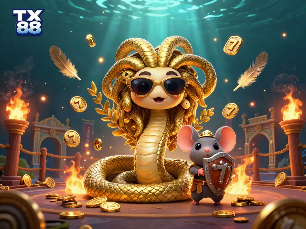 Experience the thrill of TX 88 with this captivating scene featuring a friendly Medusa and a warrior mouse surrounded by slot machines and golden tokens.