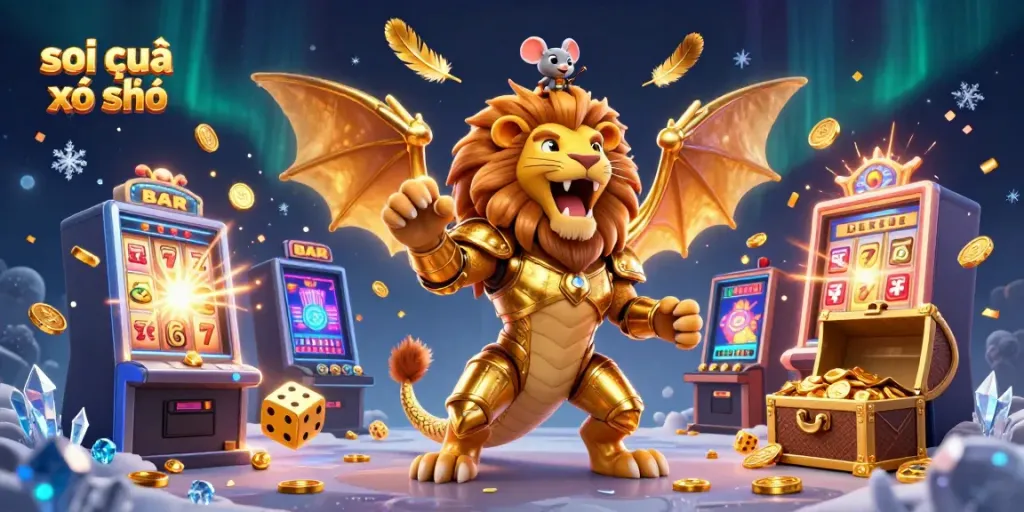 Experience exciting lottery action with the energetic scene of soi cầu xổ số featuring a dynamic chimera character, vibrant slot machines, and sparkling treasures.