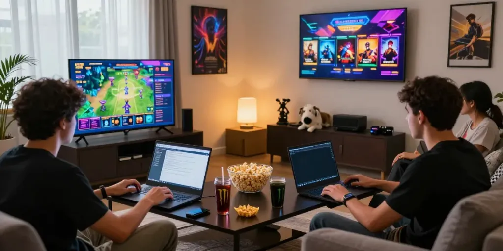 Friends enjoying the slot gacor hari ini gaming experience in a lively living room setting with snacks and vibrant decor.