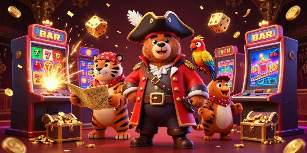 Experience the excitement of jackpots and games with man 88 in a vibrant casino scene featuring a bear and tiger.