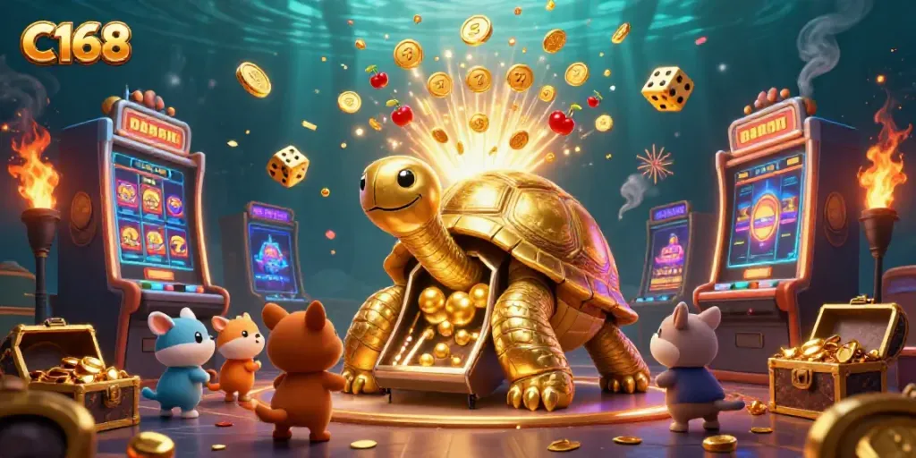 Engage with C168’s vibrant casino world featuring a fun pinball tortoise and epic jackpot scene.