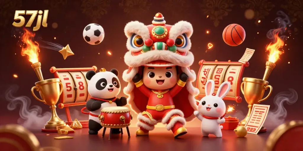 Experience thrilling wins with 57jl in this vibrant casino-themed illustration showcasing slot games and festive characters.