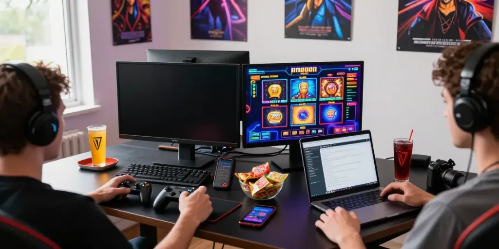 Excited player engaging with slot gacor games on multiple screens in a vibrant gaming room.