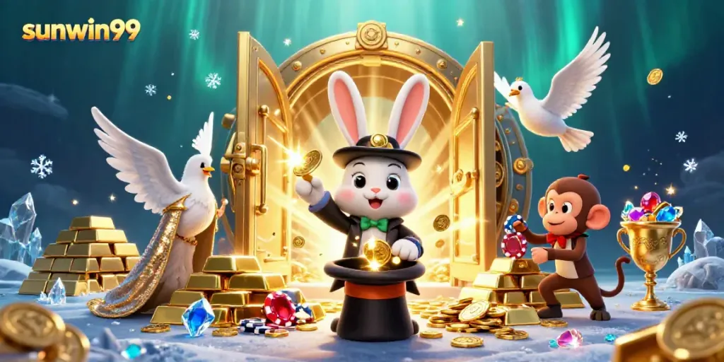 Experience the magic of sunwin99 with a 3D magician rabbit pulling coins amidst a sparkling casino scene.