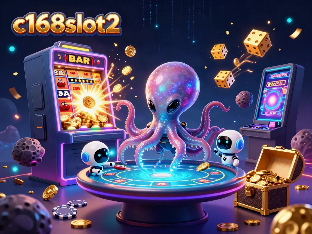 Experience the thrill of c168slot2 with a vibrant casino scene led by a 3D alien octopus.