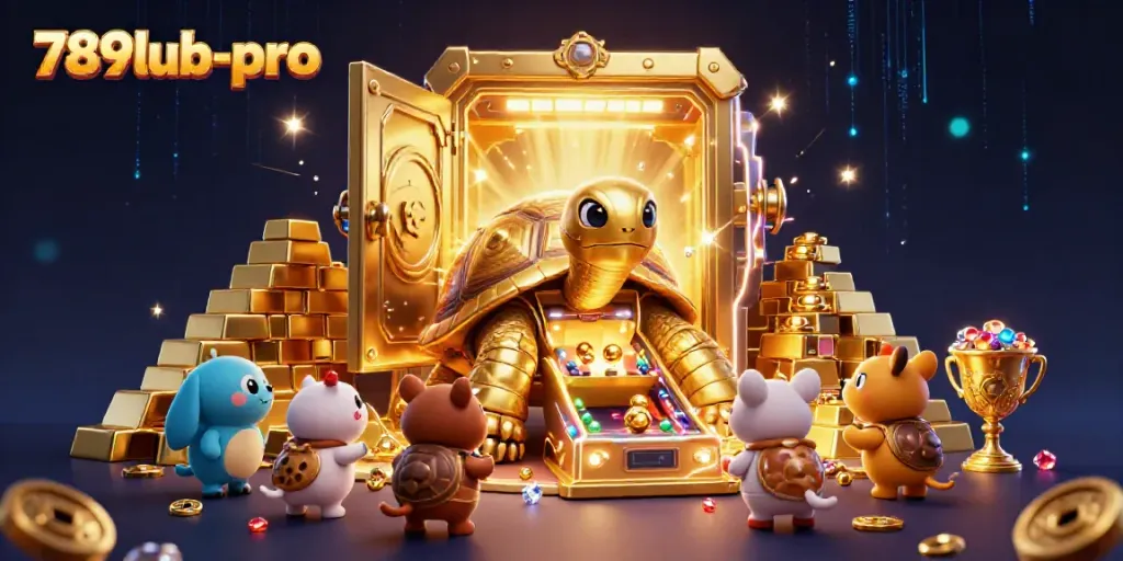 Experience exciting adventures at 789lub-pro with a vibrant casino-themed 3D illustration showcasing a colossal golden tortoise and treasures.