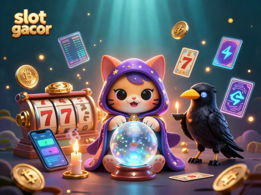 Experience the excitement of slot gacor with a vibrant 3D illustration featuring swirling slot reels and crypto elements.
