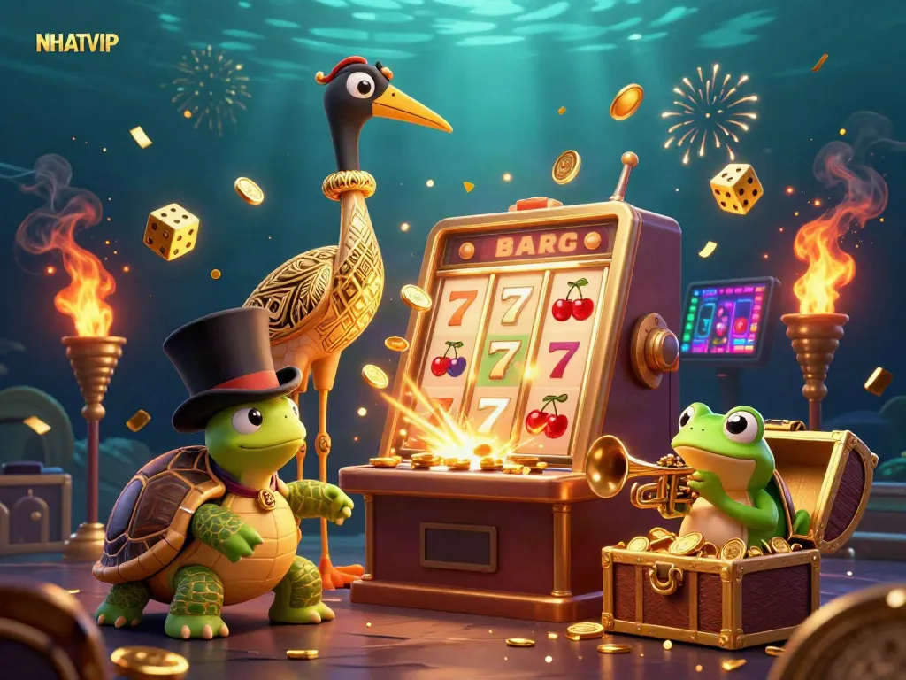 Experience the vibrant world of NHATVIP with festive casino elements and lively characters in this digital illustration.