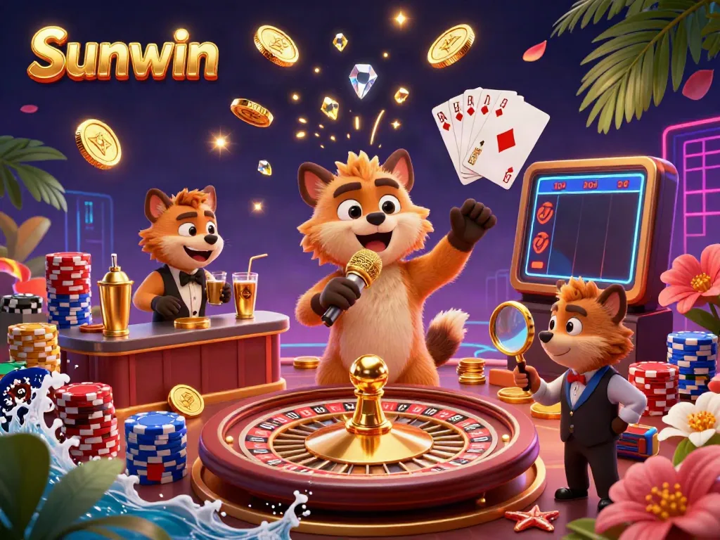 Experience the lively Sunwin comedy casino with hyena bartenders, comedians, and vibrant gaming elements.