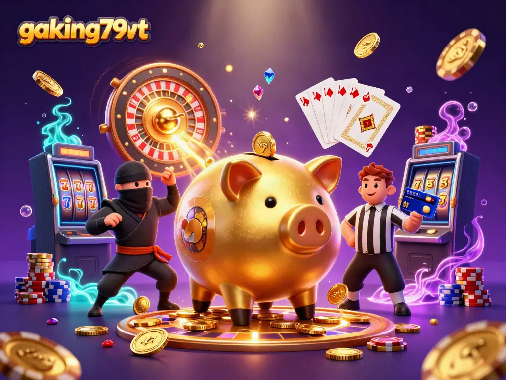 Join the excitement of gaking79vt as golden coins fly from a sumo-style piggy bank in a vibrant casino scene.