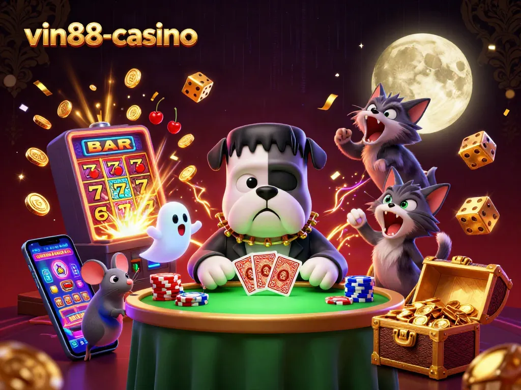 Celebrate wins at vin88-casino with a vivid and dynamic casino scene featuring playful characters and exciting game elements.
