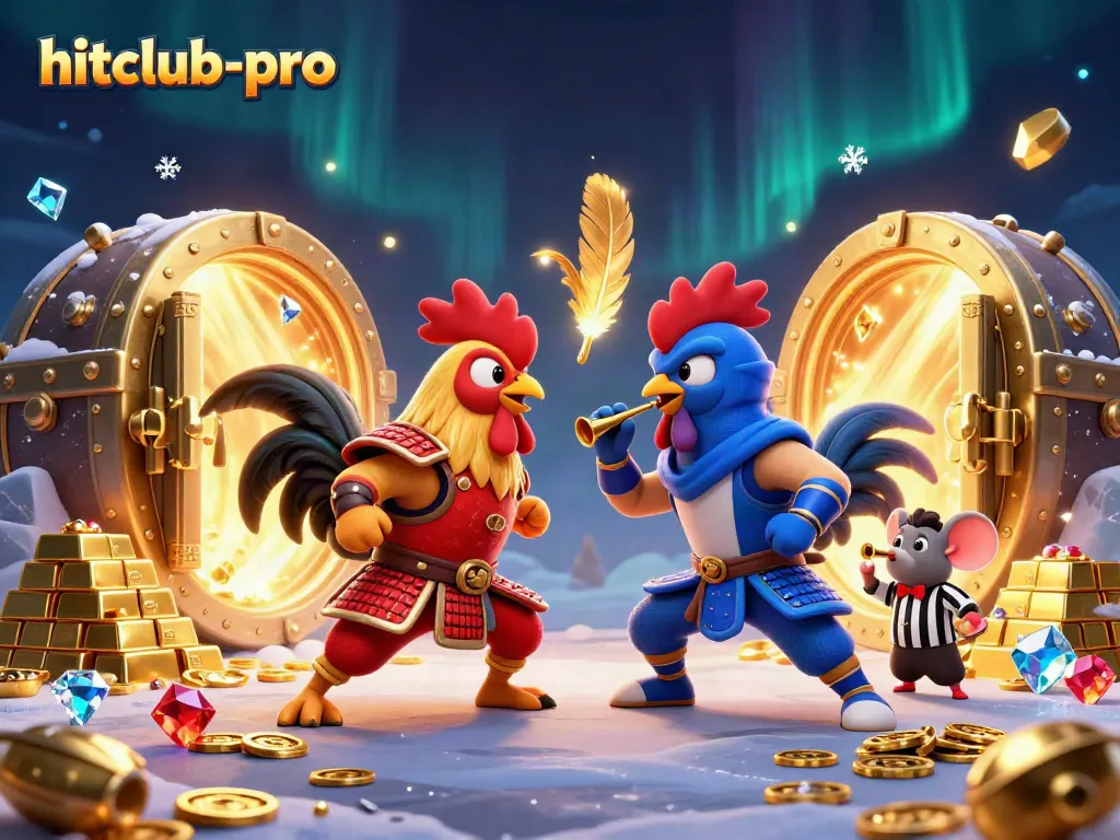 Engage in thrilling action with hitclub-pro's vibrant gambling-themed illustration featuring iconic roosters and treasure.