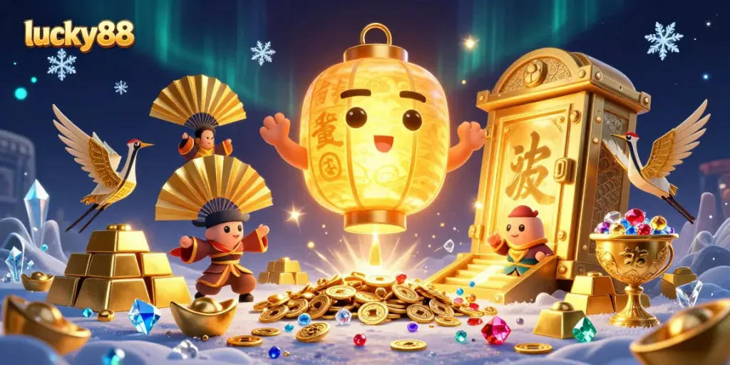 Experience the thrilling lucky88 atmosphere with a golden lantern spirit, showcasing a casino night filled with treasures and dynamic game elements.
