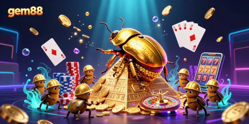Win big with gem88 while enjoying a vibrant 3D casino scene full of golden beetles and sparkling coins.