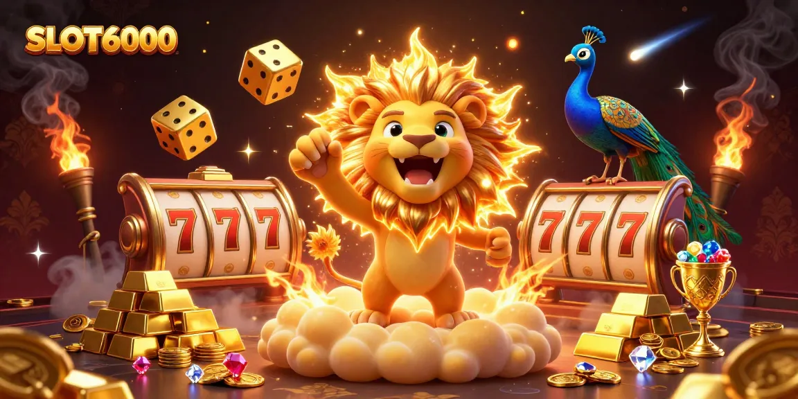 SLOT6000 captures the thrilling victory of players in a golden casino world with animated sun lion and vibrant slot elements.