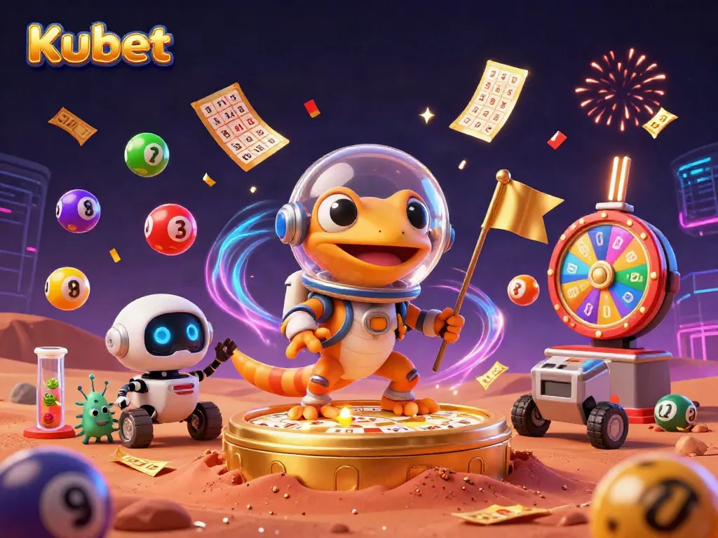 Kubet players winning jackpots in a vibrant 3D casino illustration with dynamic lottery elements