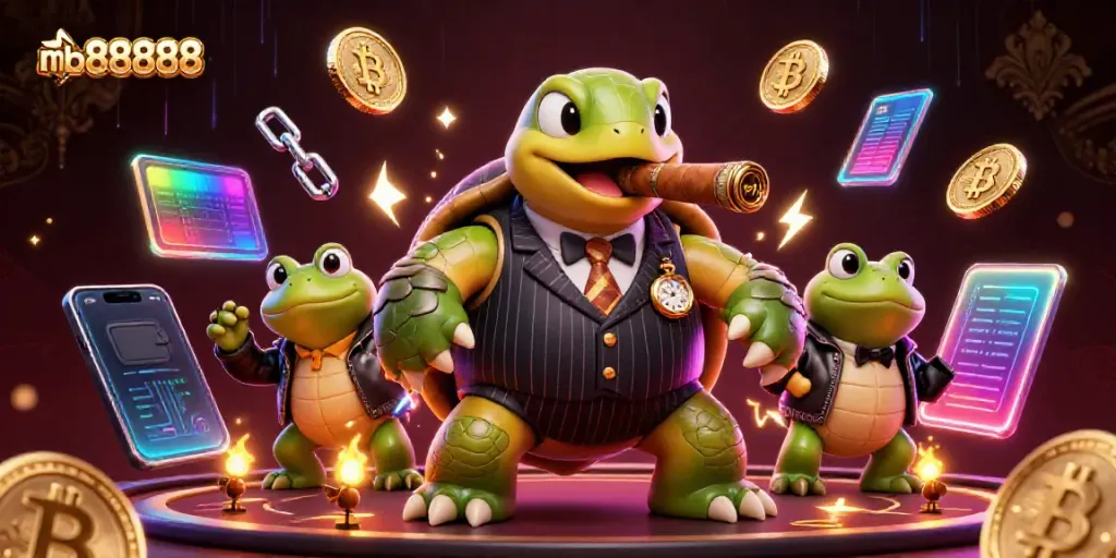Experience the thrill of mb888888 with vibrant 3D casino characters and glowing cryptocurrency elements.