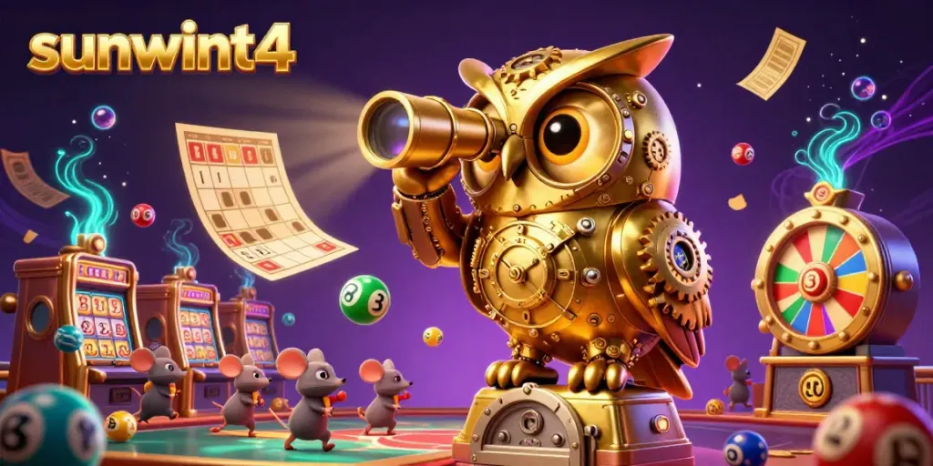 Engage in the excitement of sunwint4 with vibrant casino elements featuring a cartoon owl scanning the floor.