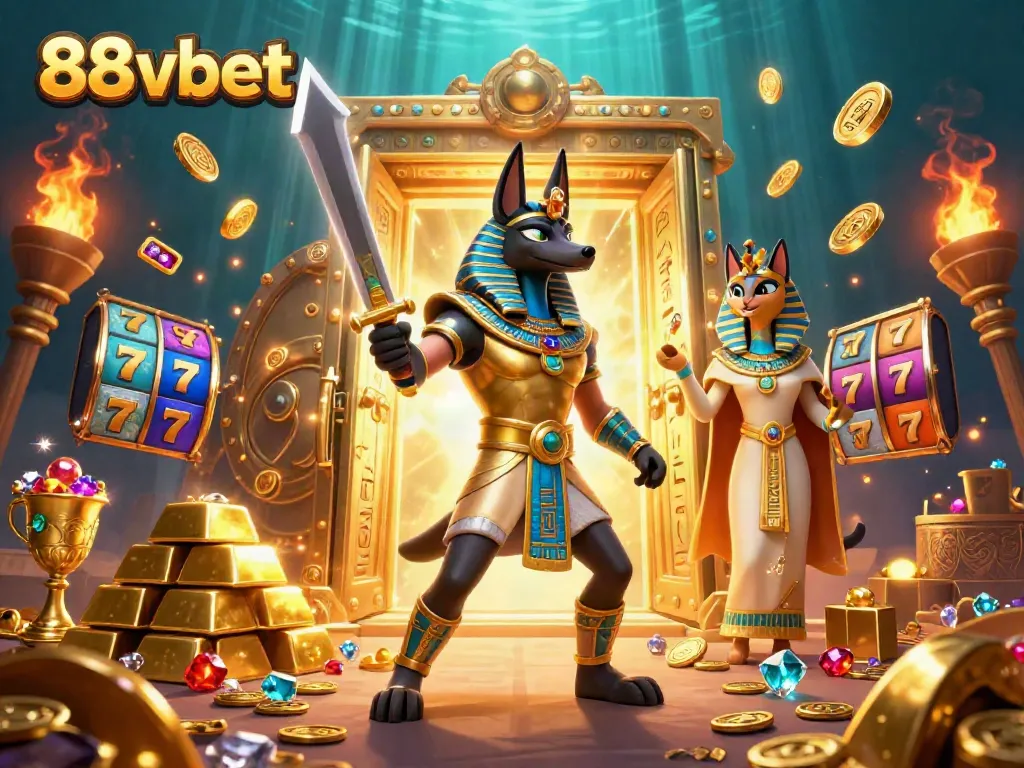 Experience the vibrant world of 88vbet with Anubis and Bastet amid golden treasures.