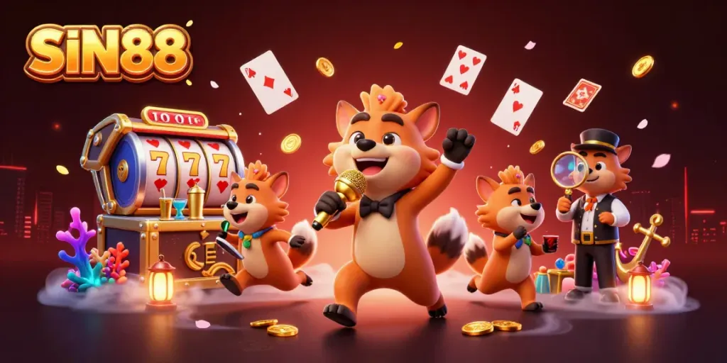 SIN88 brings excitement to online betting with a vibrant casino scene featuring animated hyena characters.