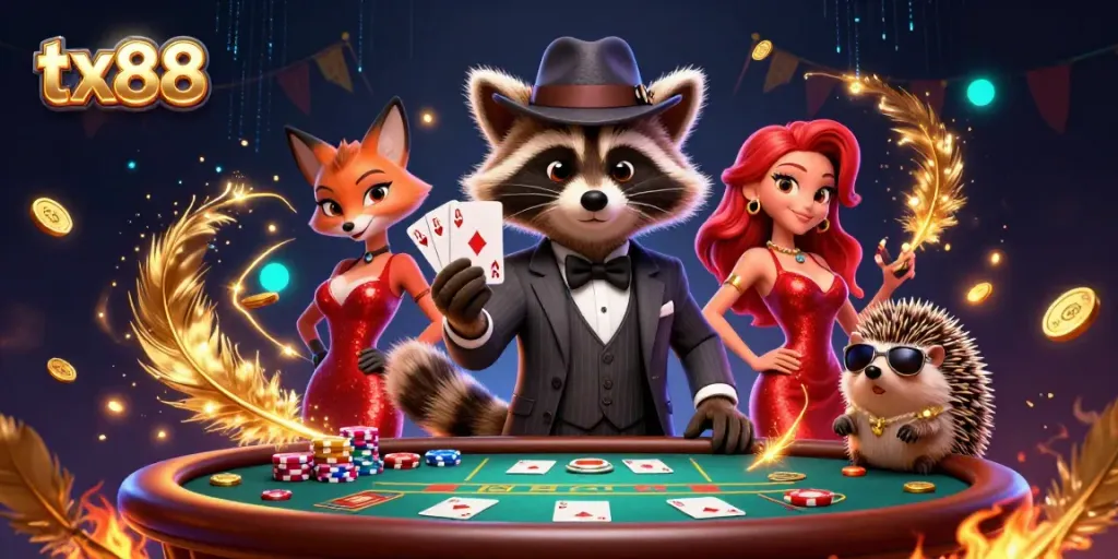 Experience excitement at tx88 with a suave raccoon gambler surrounded by poker action.