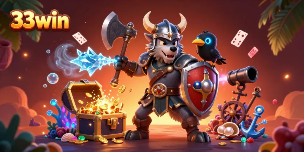 Experience the thrill of 33win with dynamic Viking warriors amidst vibrant casino treasures.
