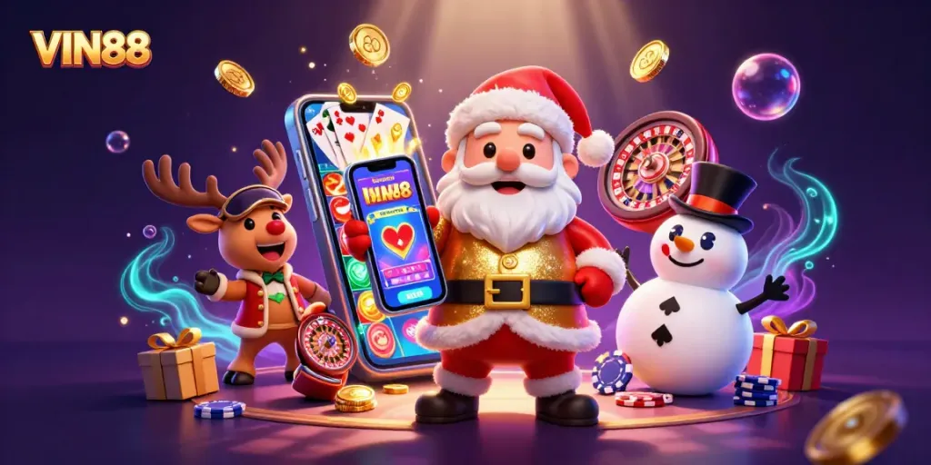 Win big with VIN88 in a festive casino scene featuring a cheerful Santa and gaming elements.