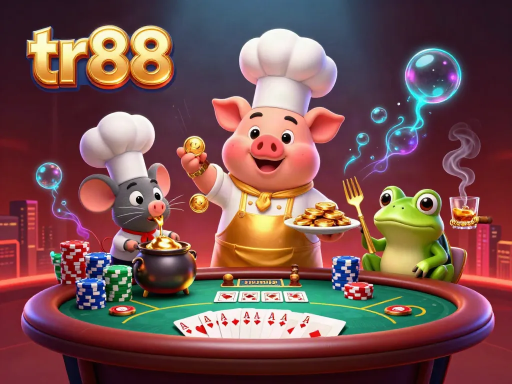 Experience thrilling casino action with tr88 as a chef pig serves gold coins, surrounded by poker elements.