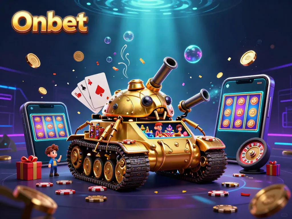 Experience the excitement of Onbet's online casino through a vibrant 3D illustration showcasing dynamic gaming elements and a fun-filled environment.