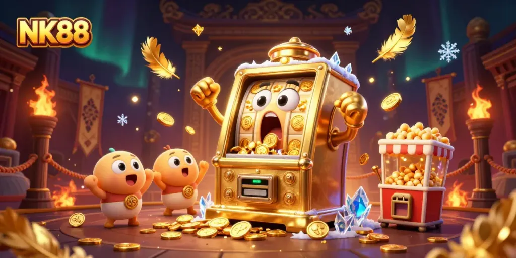 Watch NK88 win big with a golden slot machine celebrating its jackpot amidst casino excitement.