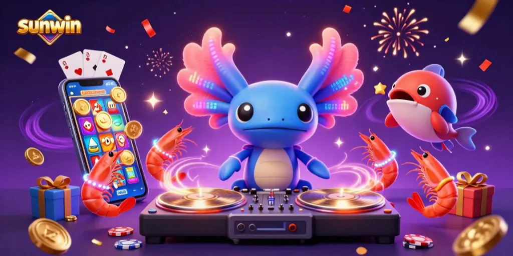 Immerse in sunwin's lively scene of neon characters and vibrant casino elements.