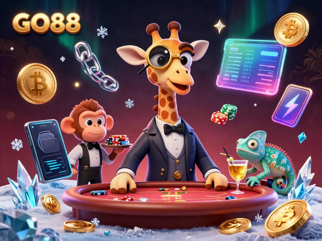 Experience thrilling gameplay at GO88 as a giraffe high-roller plays poker surrounded by gleaming currencies.