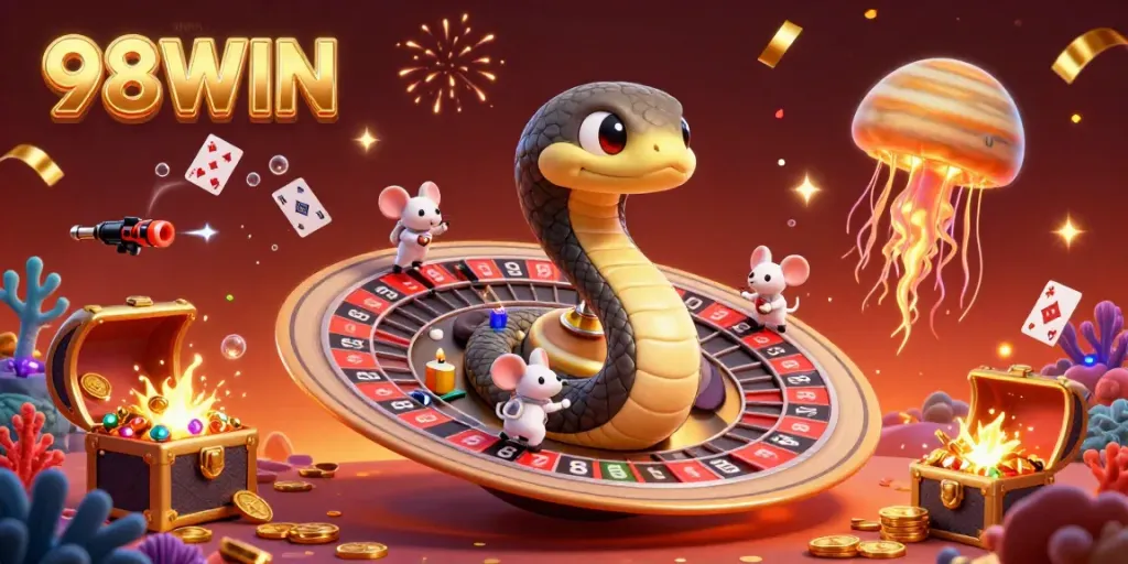 Experience 98WIN as astronaut mice bet on a cosmic roulette, symbolizing thrilling gambling adventures.