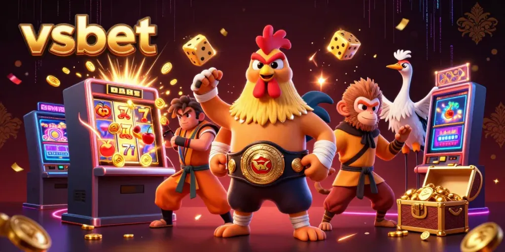 VSBET's vibrant 3D casino scene featuring a Muay Thai rooster, Shaolin monkey, and crane master amidst gaming excitement.