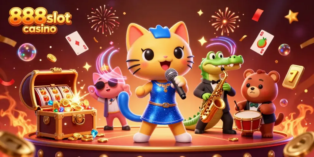 Engage with exciting thrills at 888slot casino through a vibrant illustration of animated characters celebrating with gaming elements.
