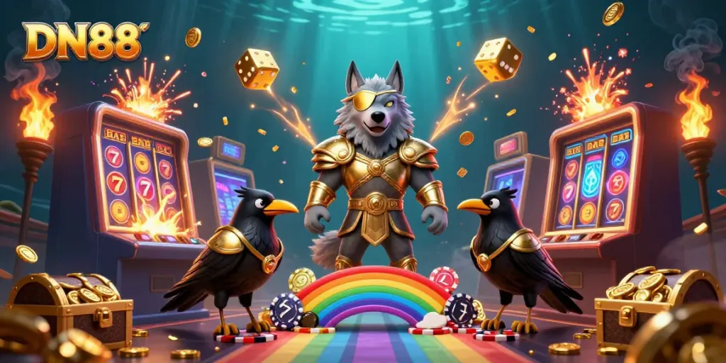 Experience the excitement of DN88 with a vibrant 3D scene showcasing Norse characters amidst a casino jackpot celebration.